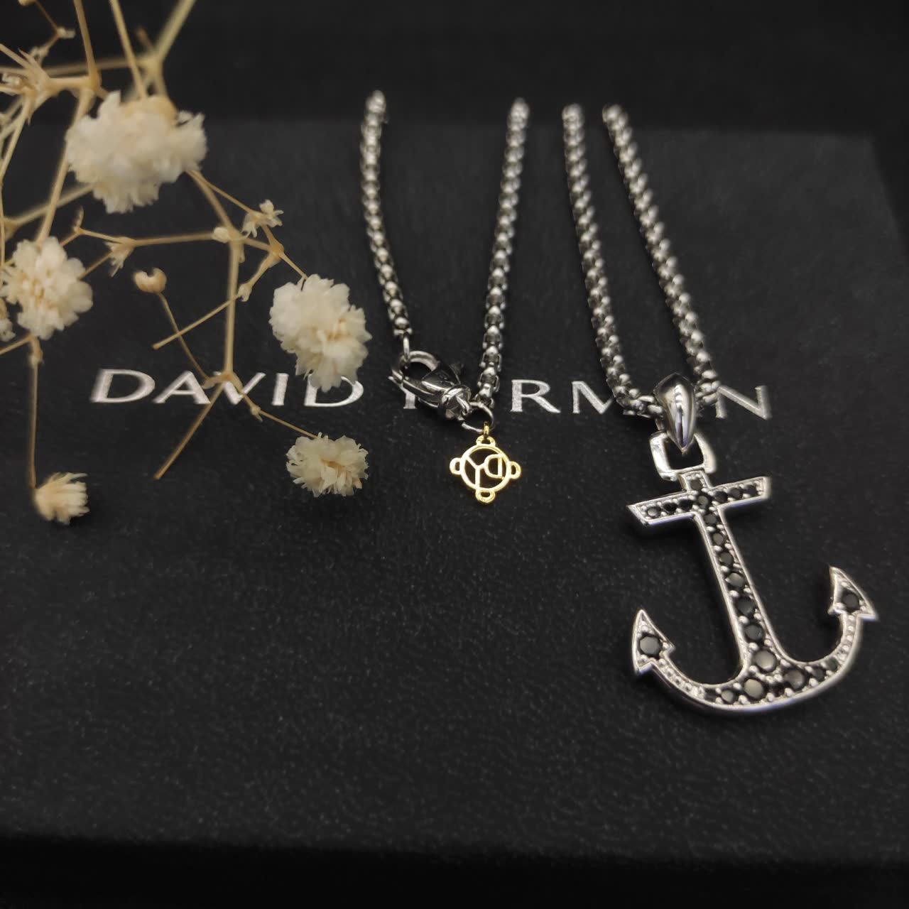 David Yurman Silver Anchor Pendant Necklace with Black Stones